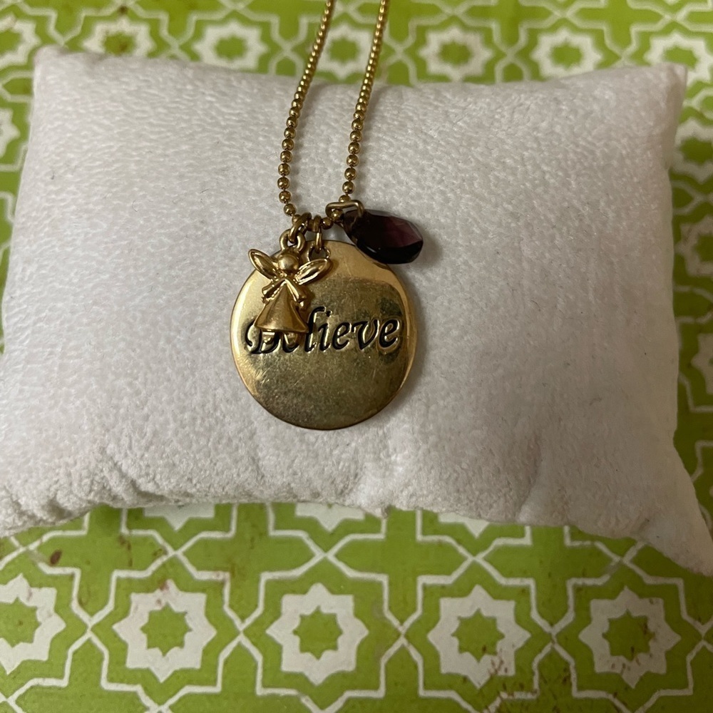 Avon “Believe” Angel Pendant Necklace – 18” Gold Tone with Purple Gem